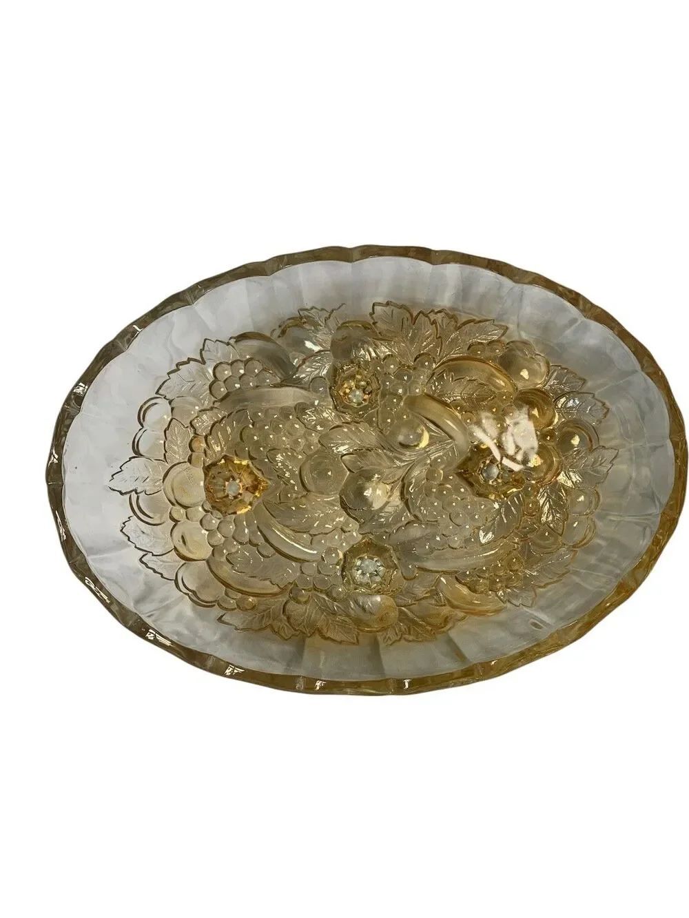 VTG RETRO MCM Large Footed Fruit Bowl Indiana Glass yellow Harvest DECOR ART